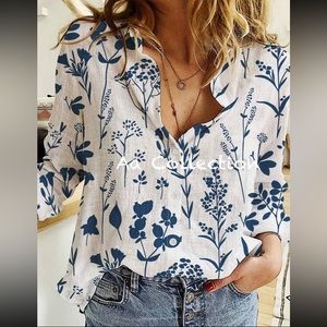 Boho Floral Print Button Down Up Shirt Top Blouse Purple